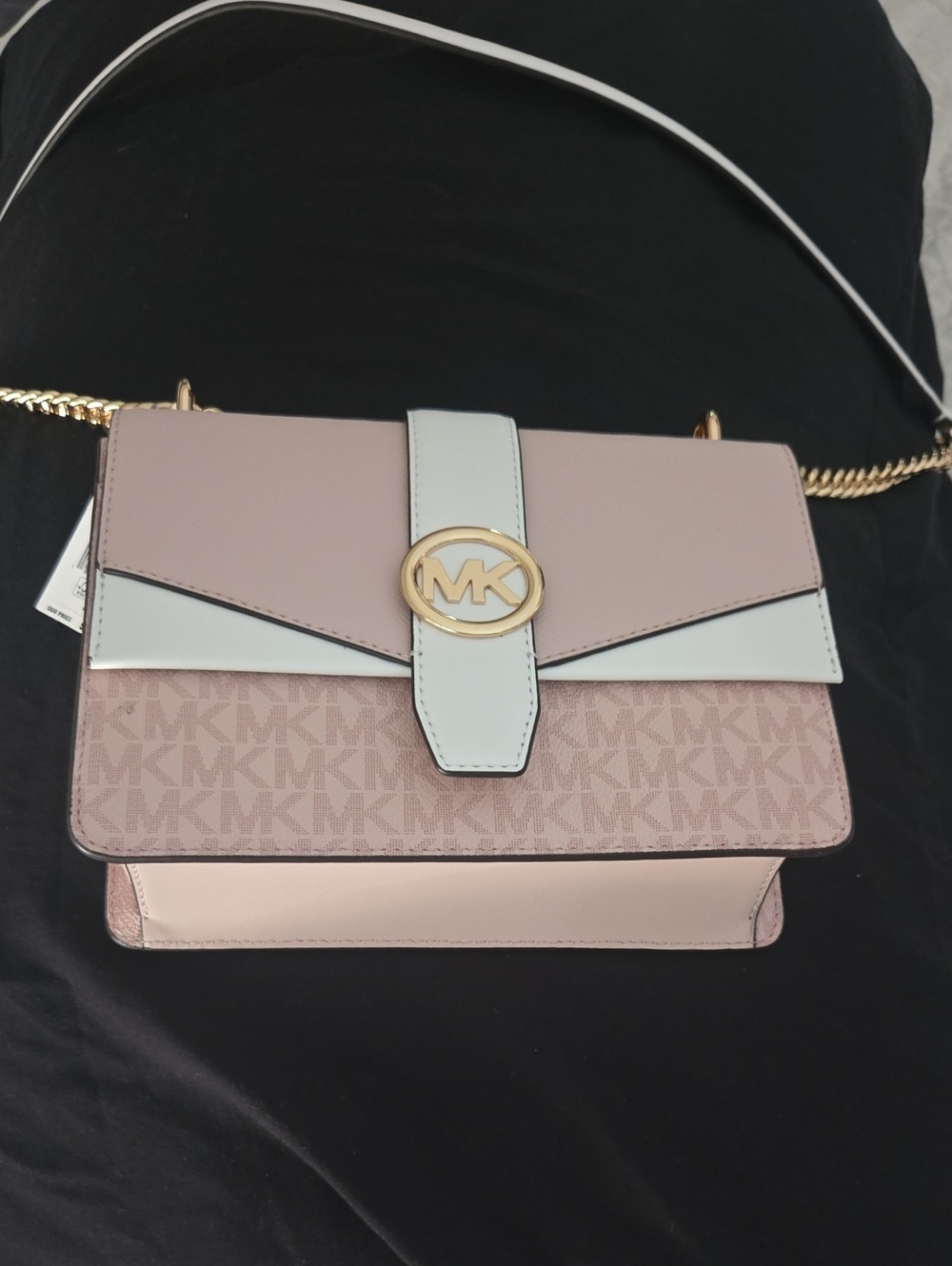 Michael Kors Blush and White MK Logo Chain Crossbody Bag